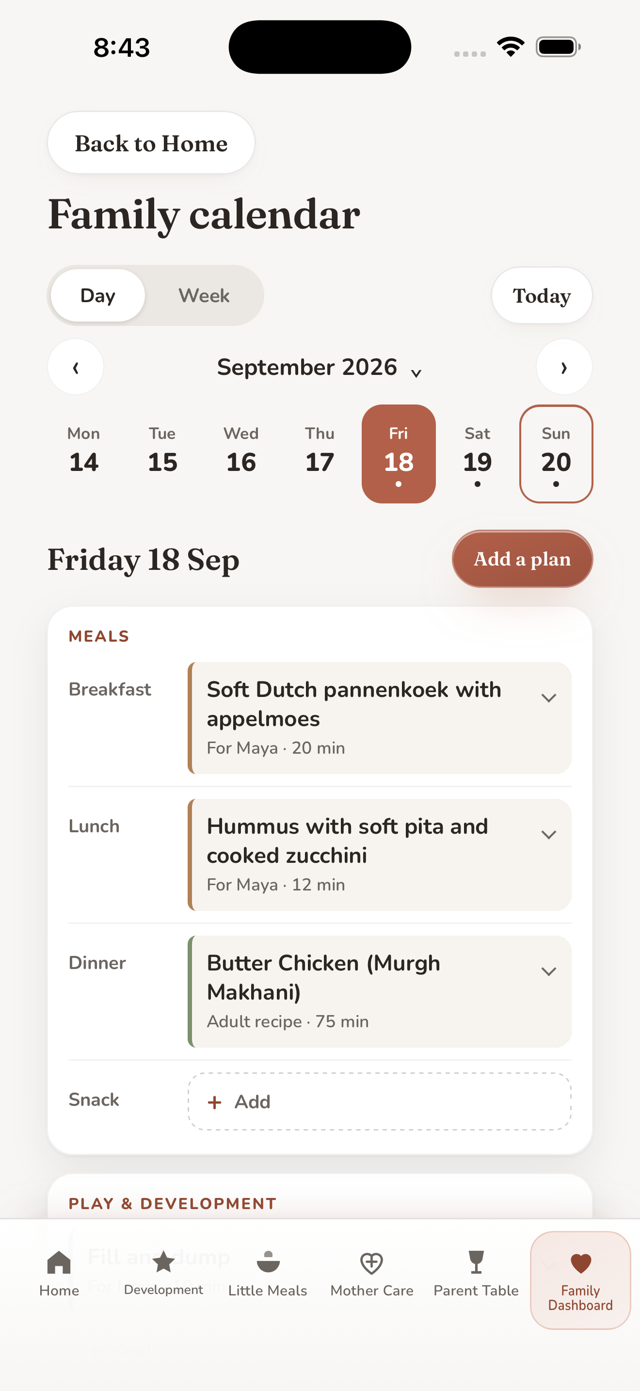 Family calendar in My Family World